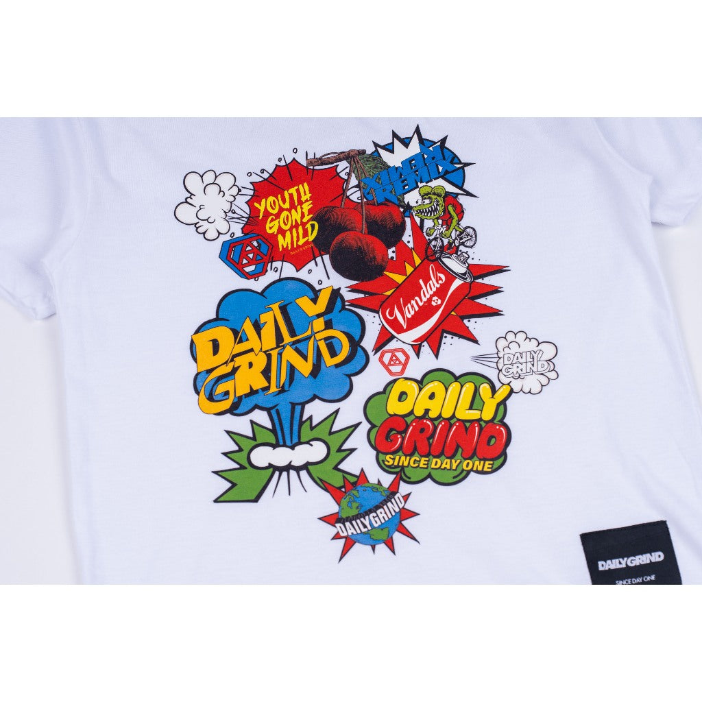 DAILY GRIND KIDS BOOM POW TSHIRT FOR KIDS WHITE